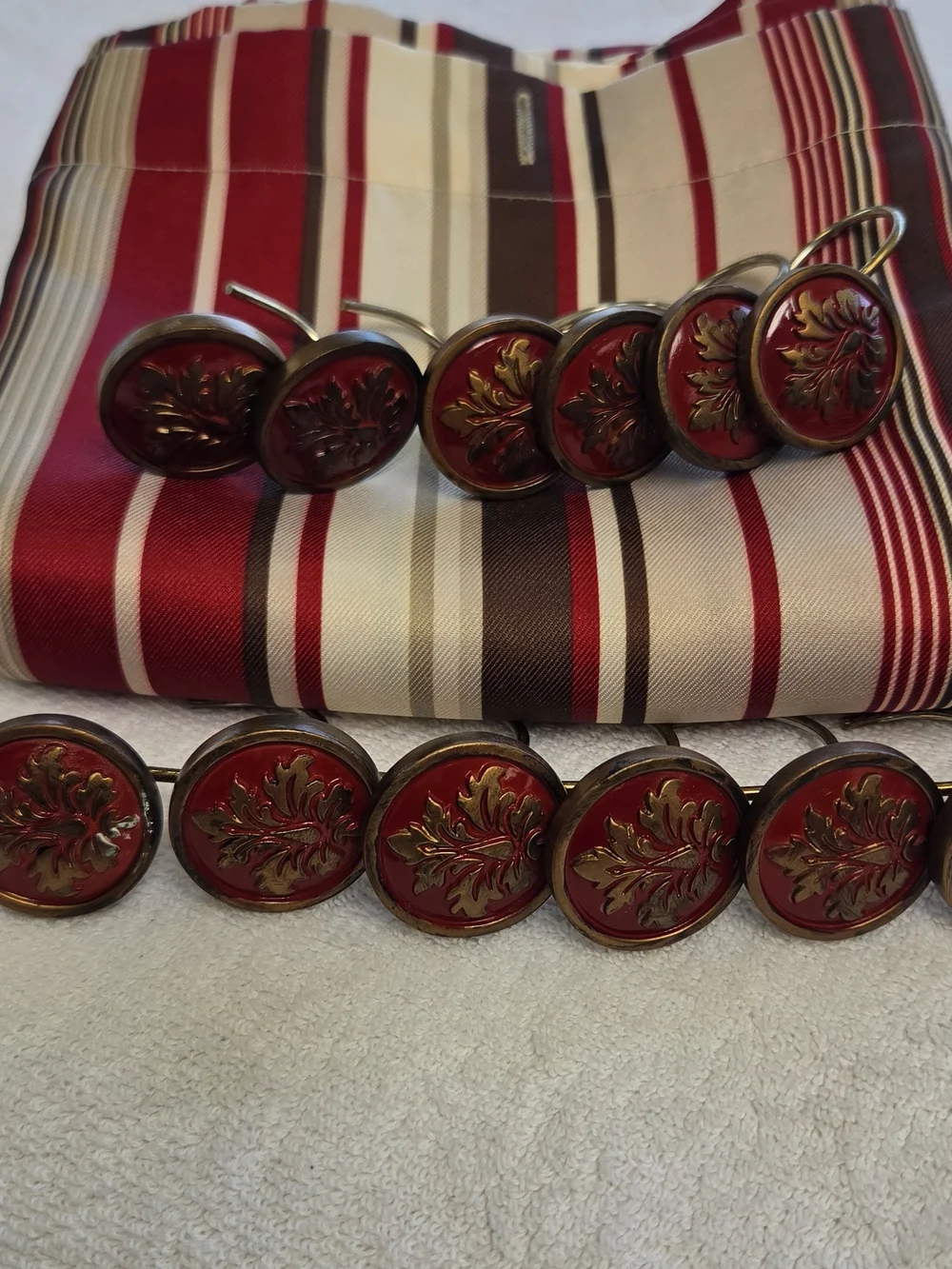 Mainstays Red and Cream Striped Shower Curtain with Decorative Bronze-Red Hooks